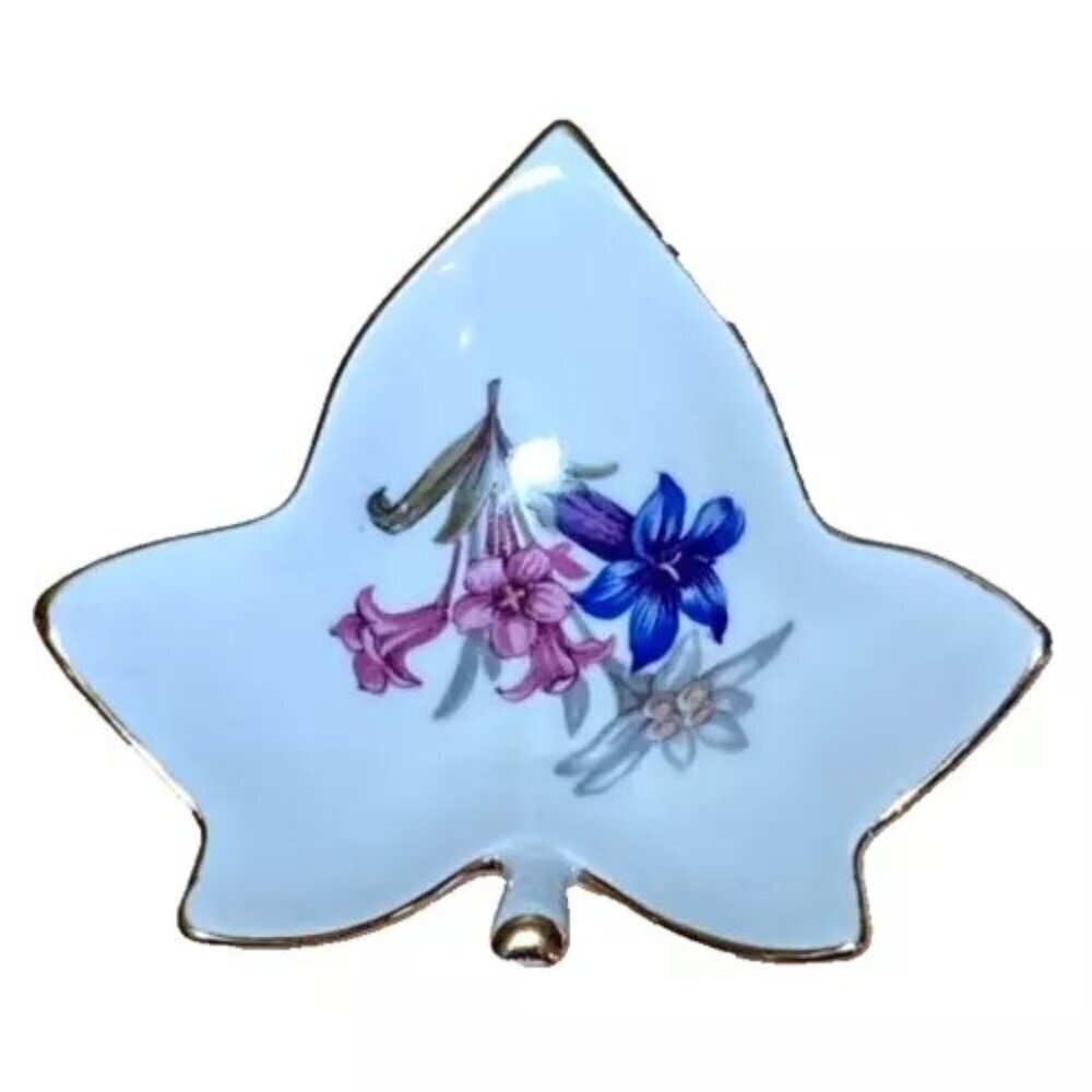 Tea Bag Holder Spoon Rest Blue Pink Flowers‎ Gold Trim Floral Design Leaf Shape